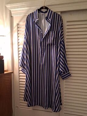 Black Beads Blue and White Vertical Stripe Shirt Dress